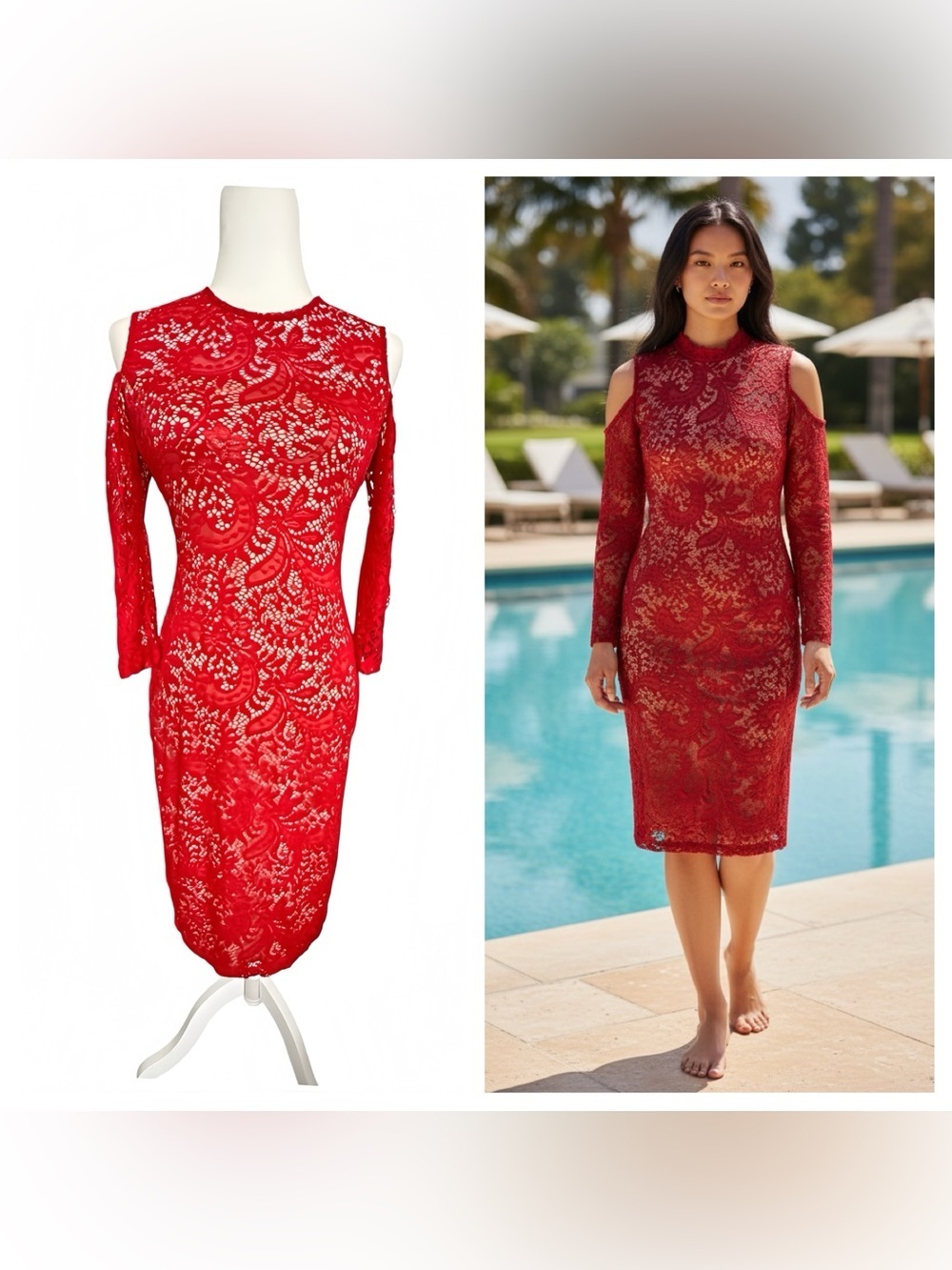 Bisou Bisou Red Lace Dress Size 4 Cold Shoulder Zip Back Bodycon Midi Cocktail